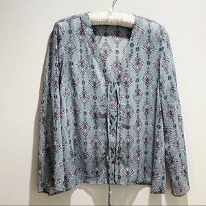 EYESHADOW Women’s Green Floral Chiffon Lace Up Front Bell Sleeve Boho Top Sz 1X